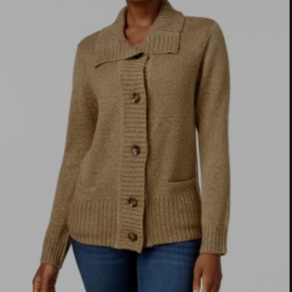 Karen Scott Button Olive Marled Cardigan Sweater Petite
